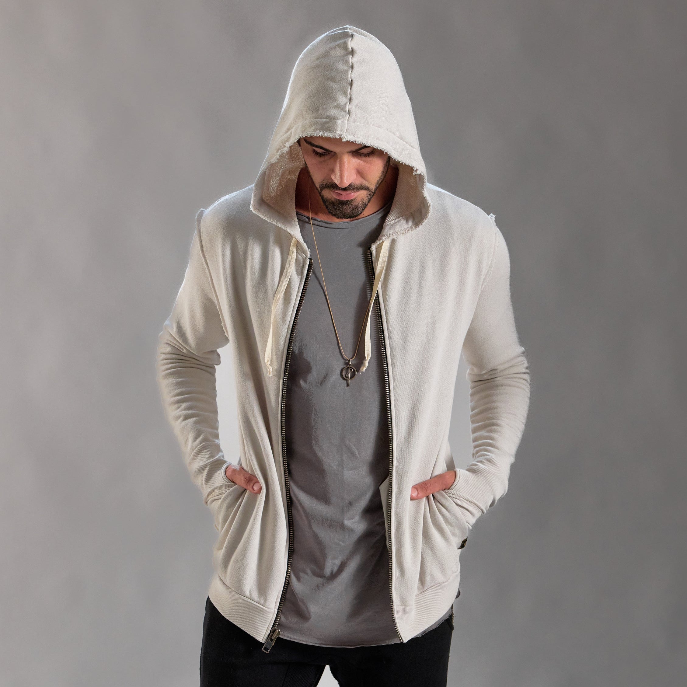 RAW ZIP HOODIE / WHITE STONE